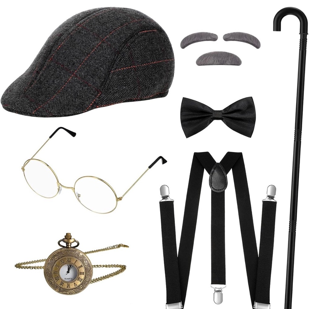 Old Man Costume w/Black Glasses, collapsible cane,